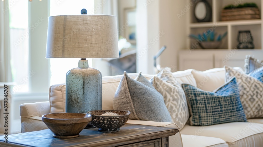 Poster An elegant console table behind a sofa, decorated with family photos, a stylish lamp, and decorative bowls, adding charm to the living room.