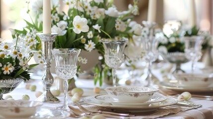 An elegant Easter dinner table setting with fine china, crystal glasses, and a beautiful centerpiece.
