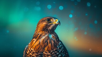 Obraz premium A detailed portrait of a falcon against a vibrant, bokeh-filled background, showcasing its majestic presence and sharp features.