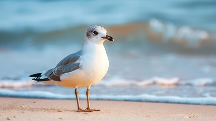 Fototapeta premium A seagull stands on the sandy shoreline with gentle waves in the background, depicting a tranquil beach scene.