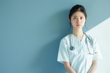 Thoughtful Asian practitioner in blue light