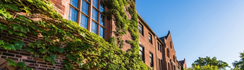 Obraz premium Historic brick building with ivy-covered walls and large windows under a clear blue sky. Architectural charm and natural beauty in perfect harmony.