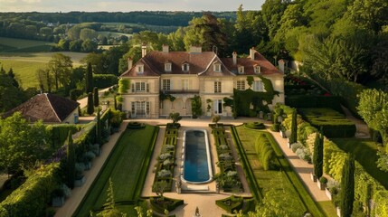 An elegant French surrounded by manicured gardens and a picturesque countryside.