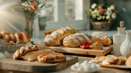 A rustic bakery scene with a variety of colorful, handcrafted pastries and snacks, each delicately placed on a wooden table, sunlight streaming through the window