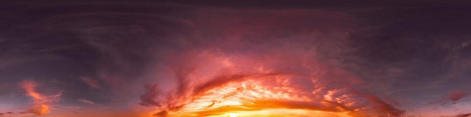 Seamless 360 HDR spherical panorama of sunset sky with vibrant pink Cirrus clouds. Full zenith or sky dome in 3D, sky replacement for aerial drone panoramas. Climate and weather change.