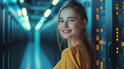 Smiling Woman in a Server Room