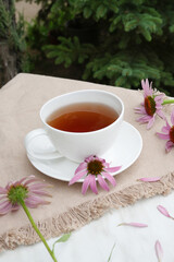 Cup of healthy echinacea tea, bowl of dry coneflower herbs and teapot on table. Side view.