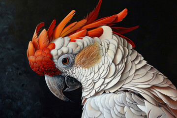 A white and red parrot with a red beak and a red crown
