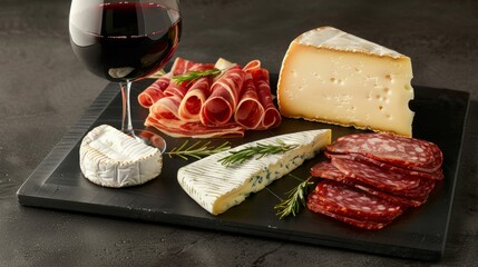 A sophisticated cheese and charcuterie spread featuring soft Brie, tangy Blue cheese, smoky Gouda, and sharp Cheddar, with a glass of red wine