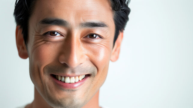 Radiant Asian Man with Dimples on White Background
