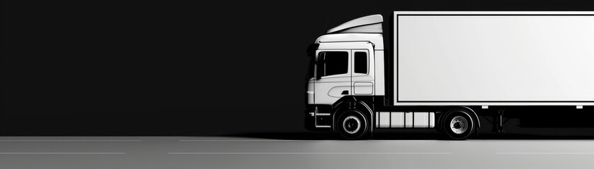 Obraz premium Side view of a white semi-truck with a blank trailer against a black background. Ideal for transportation, logistics, and delivery themes.