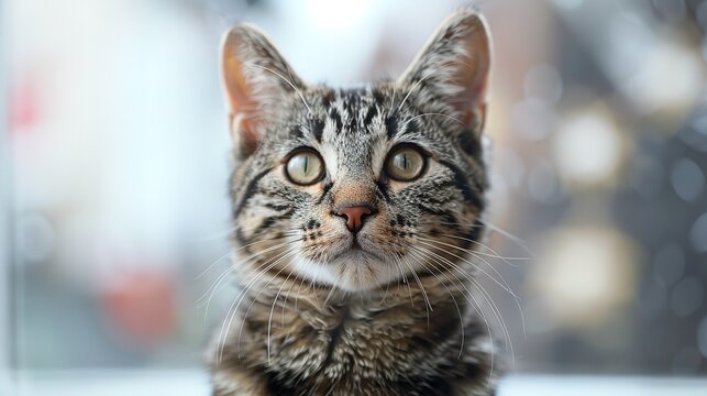 Adorable tabby cat peeking over a blank white surface with big eyes and cute expression isolated on a white background. Generative Ai