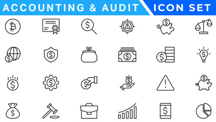Accounting icon set. Containing financial statement, accountant, financial audit, invoice, tax calculator, business firm, tax return, income and balance sheet icons. Solid icon collection.