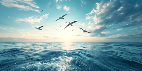 Obraz premium Birds Soaring Over the Ocean Perfect for Travel Brochures or Conservation Designs. Concept Nature Photography, Wildlife Conservation, Travel Destinations, Ocean Scenery