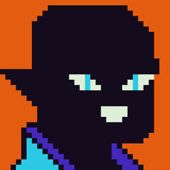 Fototapeta premium Pixel art black monster, character 8-bit, 80-s, avatar, face, cartoon vector icon, game user, web profile persons, people, social net portrait. Non-fungible token.