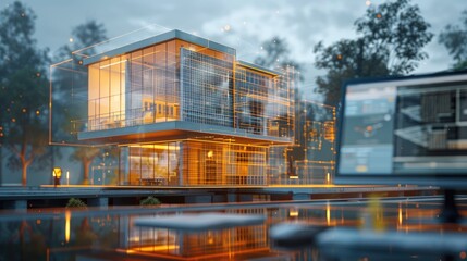 Obraz premium Detailed 3D digital model, Full-Color 3D Holographic of a high-rise building displayed on a desk office with Computer screen while shows detailed BIM model displayed.