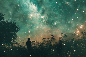 Naklejka premium A person is standing in a field of grass, looking up at the stars