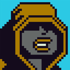 Obraz premium Pixel art male character 8-bit, man, 80-s, avatar, guy face in hoodie, cartoon vector icon, game user, web profile persons, people, social net portrait, minimalistic style. 