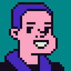 Fototapeta premium Pixel art man, male character 8-bit, 80-s, avatar, guy face, cartoon vector, game user, web profile persons, people, social net portrait. 