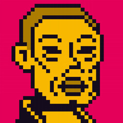 Obraz premium Pixel art character 8-bit, 80-s, avatar, guy face, NFT, cartoon vector icon, game user, web profile persons, people, social net portrait. Non-fungible token.