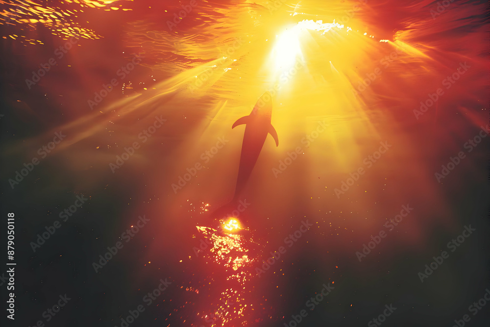 Wall mural Silhouette of a Dolphin in the Ocean with Sunset Light