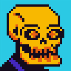 Fototapeta premium Pixel art skeleton character 8-bit, dead man, 80-s, avatar, scull face, cartoon vector icon, game user, web profile persons, people, social net portrait, minimalistic style. Non-fungible token.