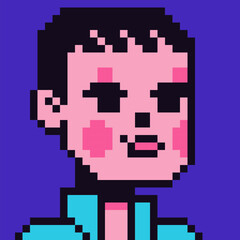 Pixel art female character 8-bit girl, NFT,  80-s, avatar, woman face, cartoon vector icon, game user, web profile persons, people, social net portrait,  minimalistic style. Non-fungible token.