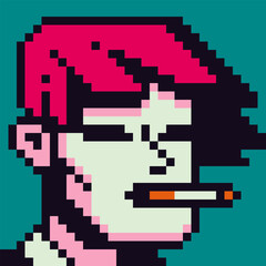Pixel art female character 8-bit girl smoking, 80-s, avatar, woman face, cartoon vector icon, game user, web profile persons, people, social net portrait,  minimalistic style. 