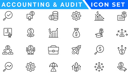 Accounting and audit icon set. Taxes and accounting line icons collection. Check and audit line icons collection. Containing financial statement, accountant, financial audit. Vector illustration