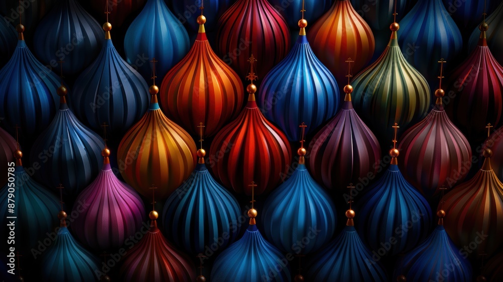 Poster a row of colorful paper lanterns with gold accents. the lanterns are arranged in a pattern and are o