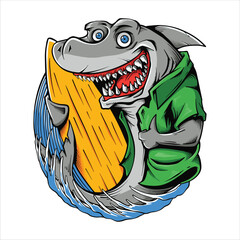 Illustration of a shark mascot surfing