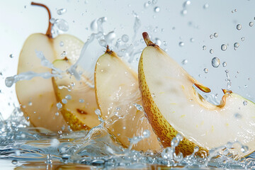 A close up of a fruit with water splashing around it