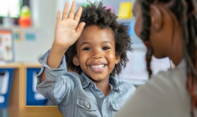 A young child waving at a woman in the classroom. AI.