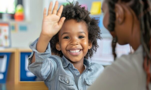 A young child waving at a woman in the classroom. AI.