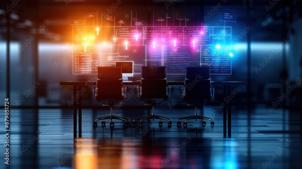 Poster a computer monitor displays a colorful cityscape with a few chairs in the background. the chairs are