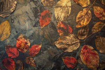 A painting of leaves with a blue background