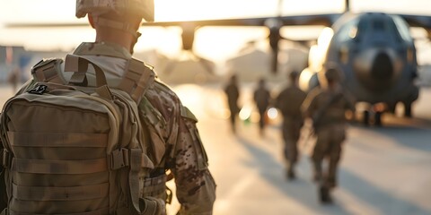 Patrolling soldiers guide refugees to field hospitals and immigration centers via airplanes. Concept Military Operations, Refugee Crisis, Humanitarian Aid, Field Hospitals, Immigration Centers