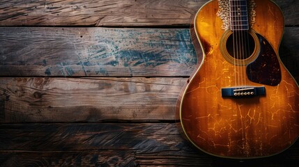 Close up of acoustic guitar on wood background