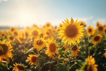 Obraz premium A field of sunflowers with a single sunflower in the foreground