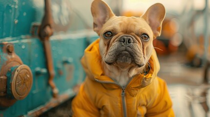 A French Bulldog wearing a yellow jacket sits in front of a blue background. AI.