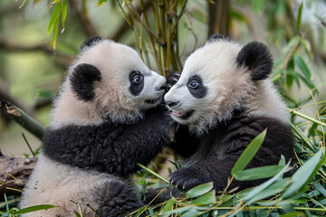 Obraz premium Two baby pandas are playing together in a lush green forest