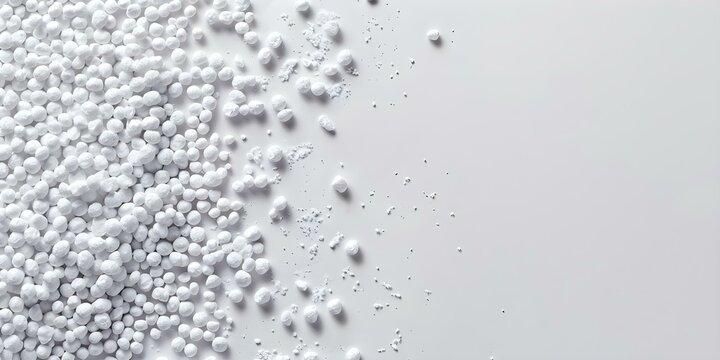 White background with polymer masterbatch granules for industrial plastic product catalog. Concept Industrial Products, Polymer Granules, White Background, Product Catalog, Color Contrast