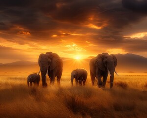 Fototapeta premium A family of elephants walking in a field with the sun setting in the background