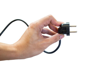 ็Hand holding a black power plug isolated on white background.