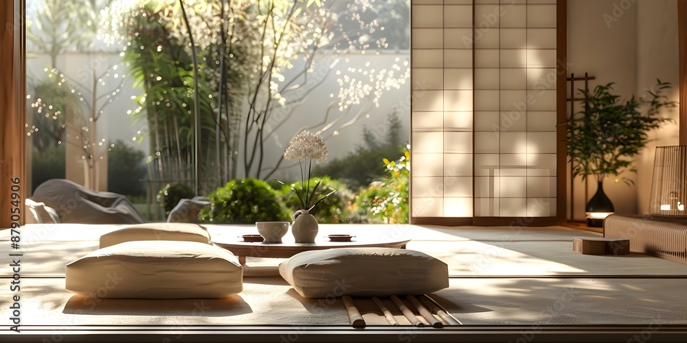 Wall mural Designing a 3D Japanese-style living room with natural simplicity and minimalism. Concept Japanese Aesthetic, Minimalist Decor, Natural Elements, Zen Living, 3D Interior Design