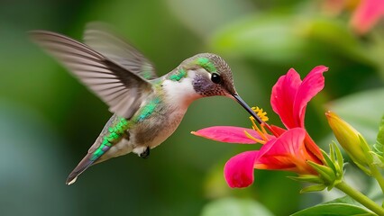 Fototapeta premium Hummingbird Hovering Over Beautiful Flower