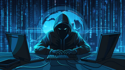 Cybersecurity Expert Typing Code on Laptop, Blue Digital Screen in Background