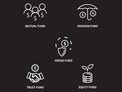 type of investment fund management firm outline icon set isolated on black background.asset management pictogram vector symbol