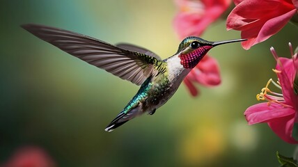 Fototapeta premium Hummingbird Hovering Over Beautiful Flower
