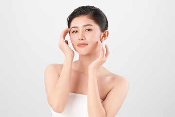 Beautiful young asian woman with clean fresh skin on white background, Face care, Facial treatment, Cosmetology, beauty and spa, Asian women portrait.